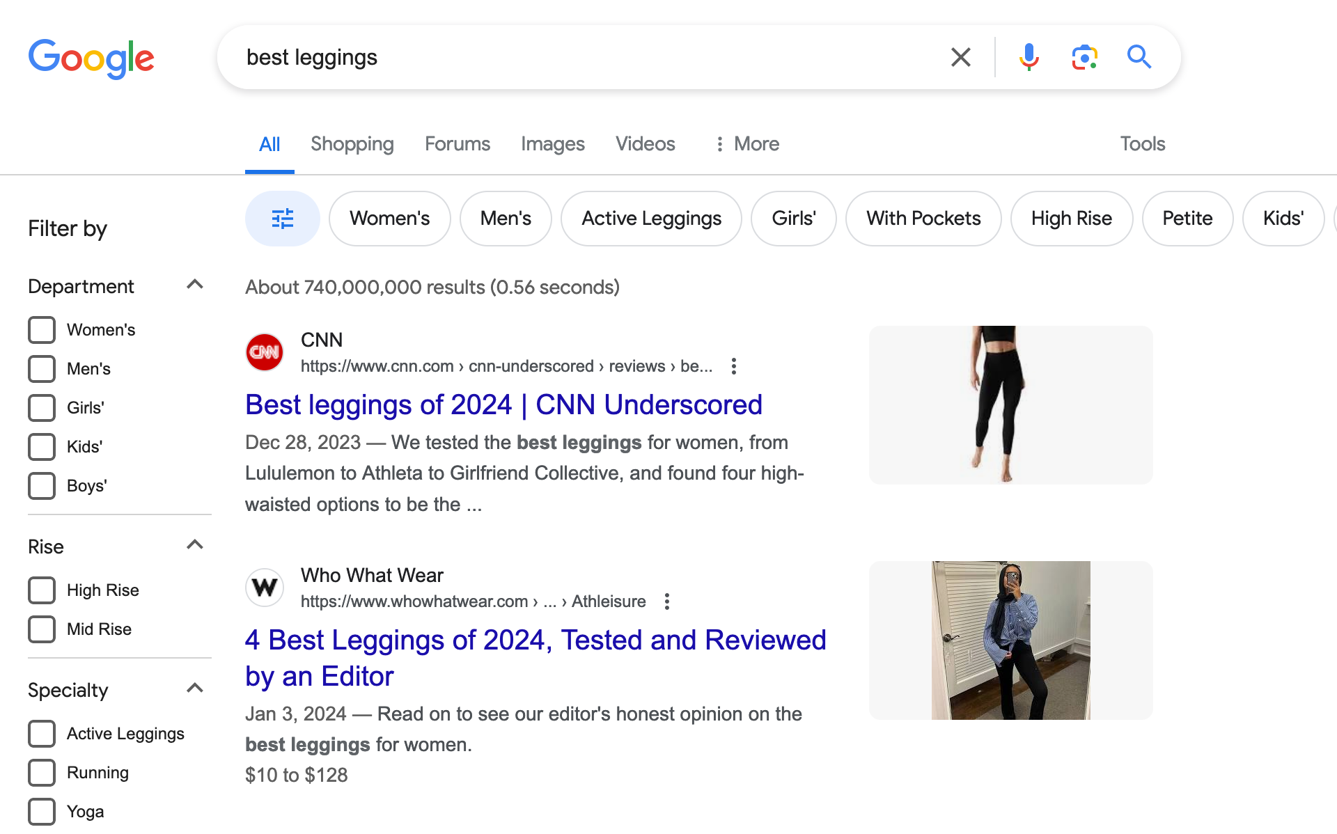 screenshot of a google search page showing a CNN article about Best Leggings of 2024