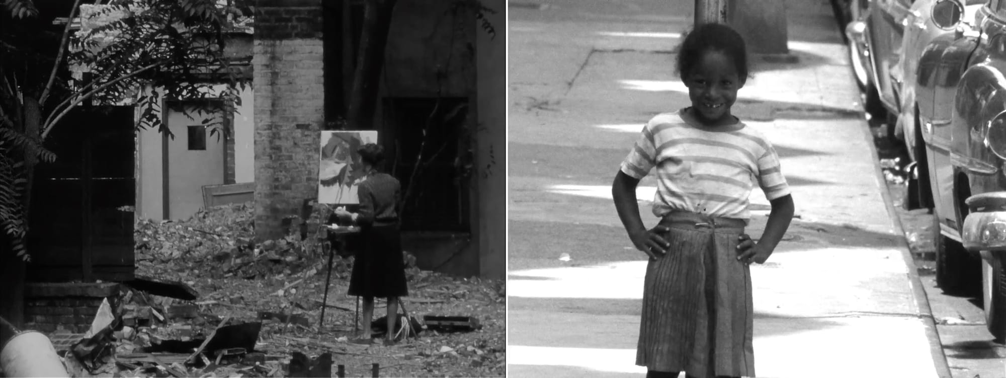 Two black and white film stills, side by side, with a woman painting at an easel set up in rubble on the left and a young black girl in a striped shirt and skirt smiling on the sidewalk on the right