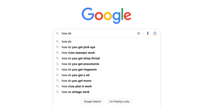 google homepage, "how do" in the search box, followed by 9 suggestion queries